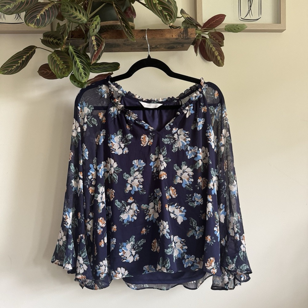 LC Lauren Conrad Navy Floral Chiffon Blouse Bell Sleeve Split Neck Size S